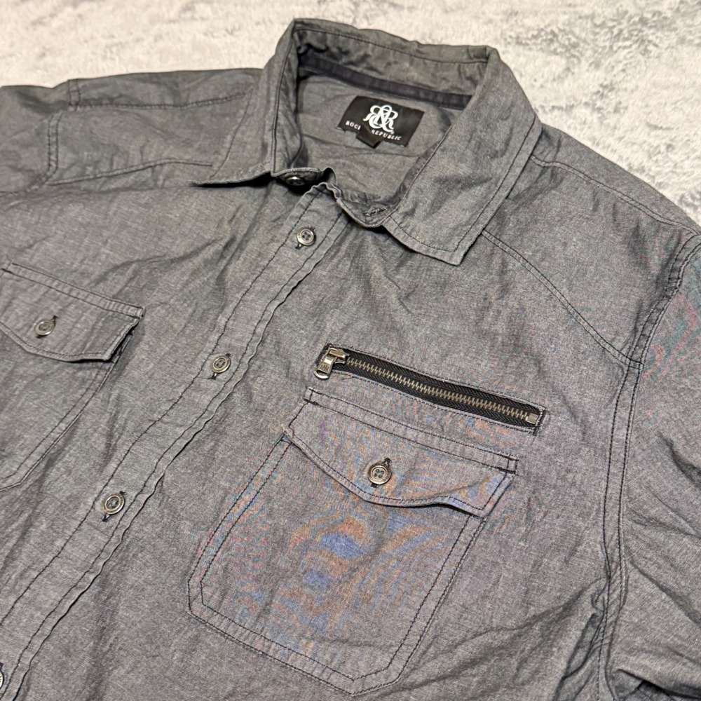 Rock & Republic Mens Gray Long Sleeve Button Up Shirt with Zipper Pocket Size L‎